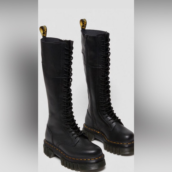 Dr. Martens Shoes - Dr. Martens AUDRICK 20-EYE LEATHER KNEE HIGH PLATFORM BOOTS Size7BLACK NAPPA LUX